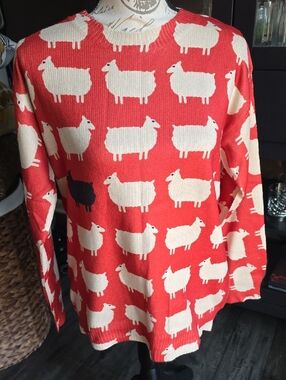 "Black Sheep" Red Pattern Sweater with Cream Sheep